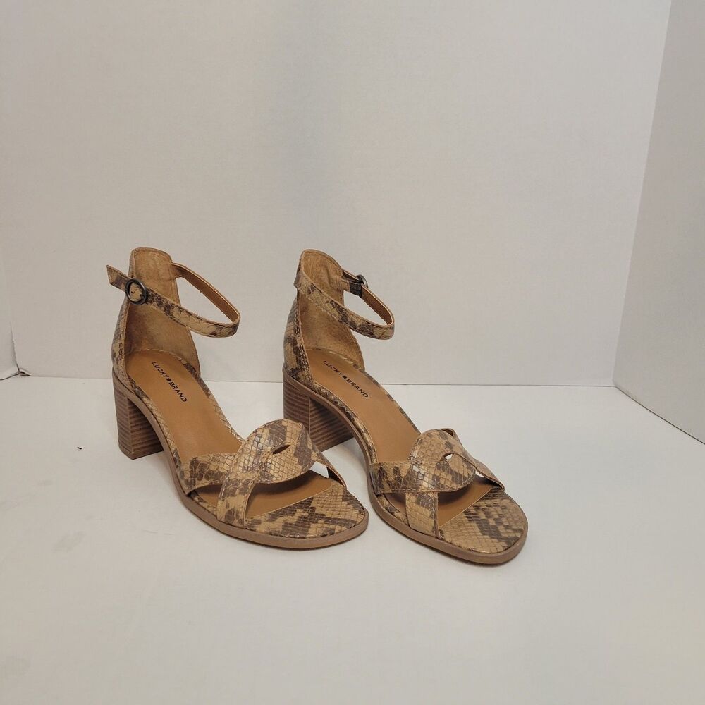 Lucky Brand Women's Snakeskin Print Block Heel Ankle Strap Sandals Size 8M NWOB